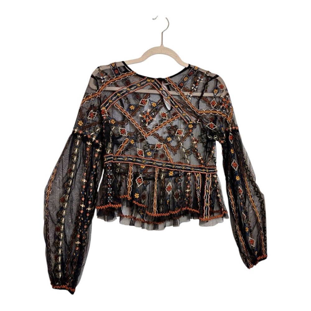 Free People Give A Little Mesh Top Black Embroidered Boho XS - Picture 5 of 10
